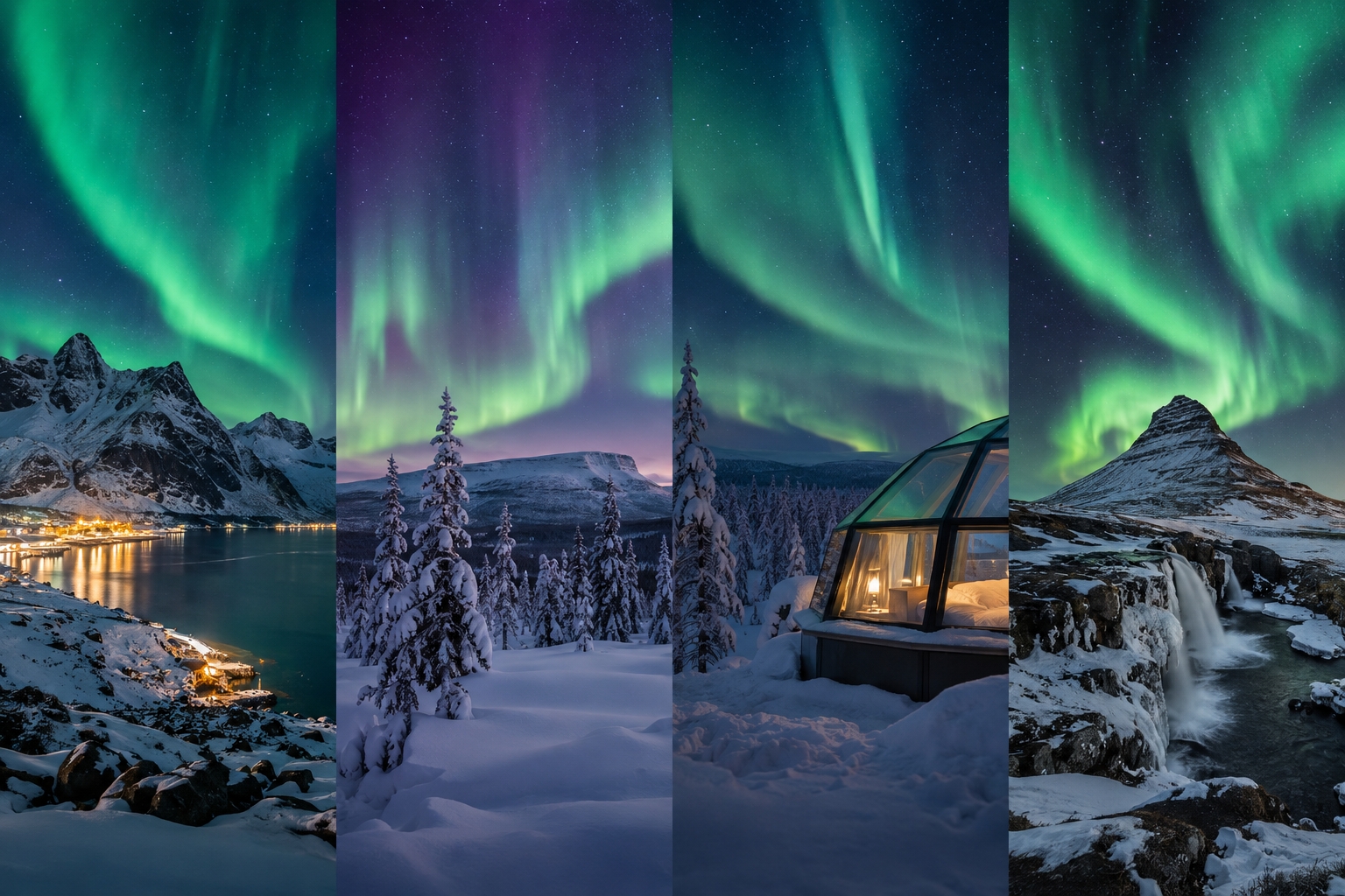 Northern Lights above winter landscapes in Norway, Sweden, Finland and Iceland