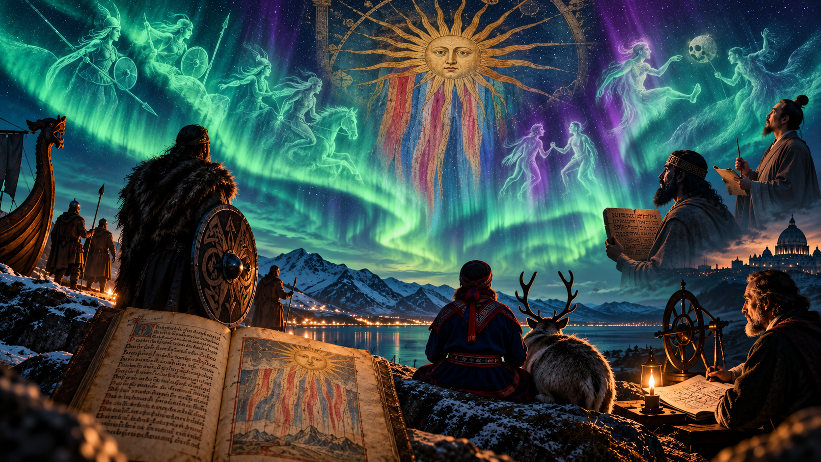 Illustrated northern lights scene combining Norse mythology, Sámi skywatching, ancient observers and medieval manuscripts